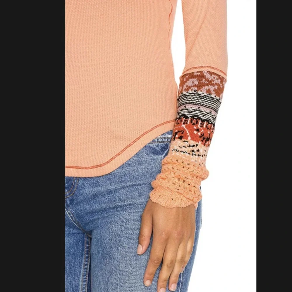 Free People in The Mix Cuff Thermal Boho Top, Desert Orange Combo NWOT Size‎ XS